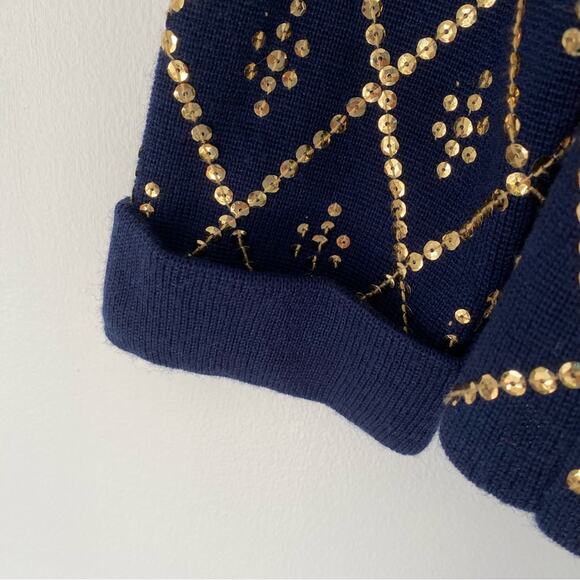 Manoush French Designer Navy Blue Gold Sequin Knit Sweater Jacket Blazer large - Picture 4 of 6